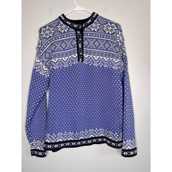 L.L. Bean Sweaters - LL Bean Blue Navy Winter Nordic Fair Isle Snowflakes Cotton Henley Sweater S